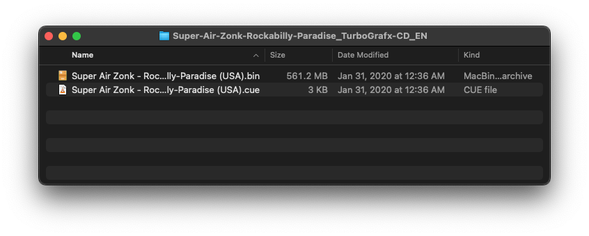 A computer window showing a single .bin and .cue file for Super Air Zonk