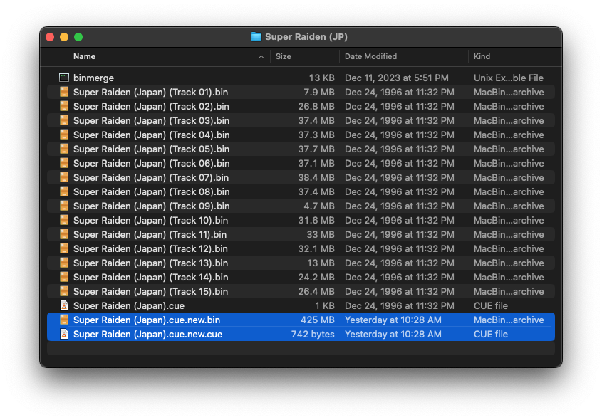 Mac folder showing multiple files including the newly created .bin and .cue files highlighted for Super Raiden